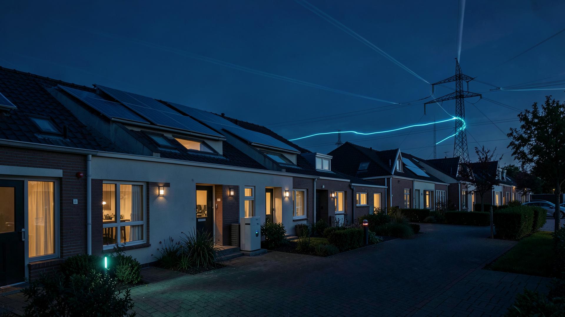 Nederlandse woonwijk in de avond met zonnepanelen, warmtepomp en laagspanningsinfrastructuur